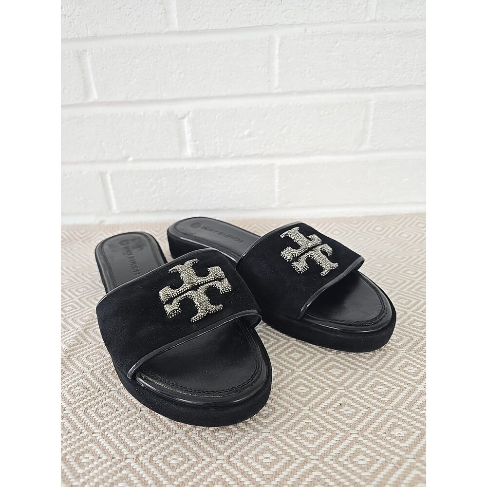 Tory Burch Eleanor Pavé Slide Sandals in Black Suede Crystal Embellished Logos 9 - Picture 3 of 13
